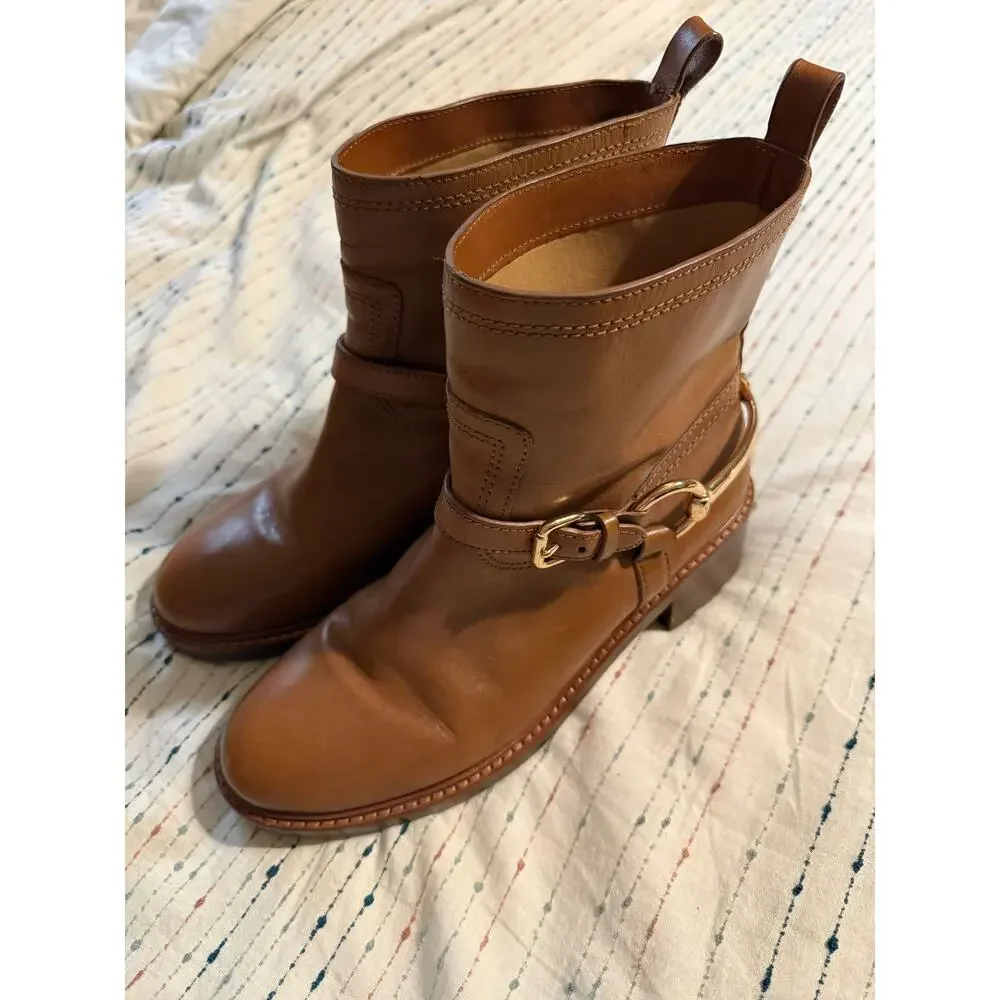 COACH Gillian Moto Ankle Boot Brown Leather Gold Buckle Size 7.5 Women’s